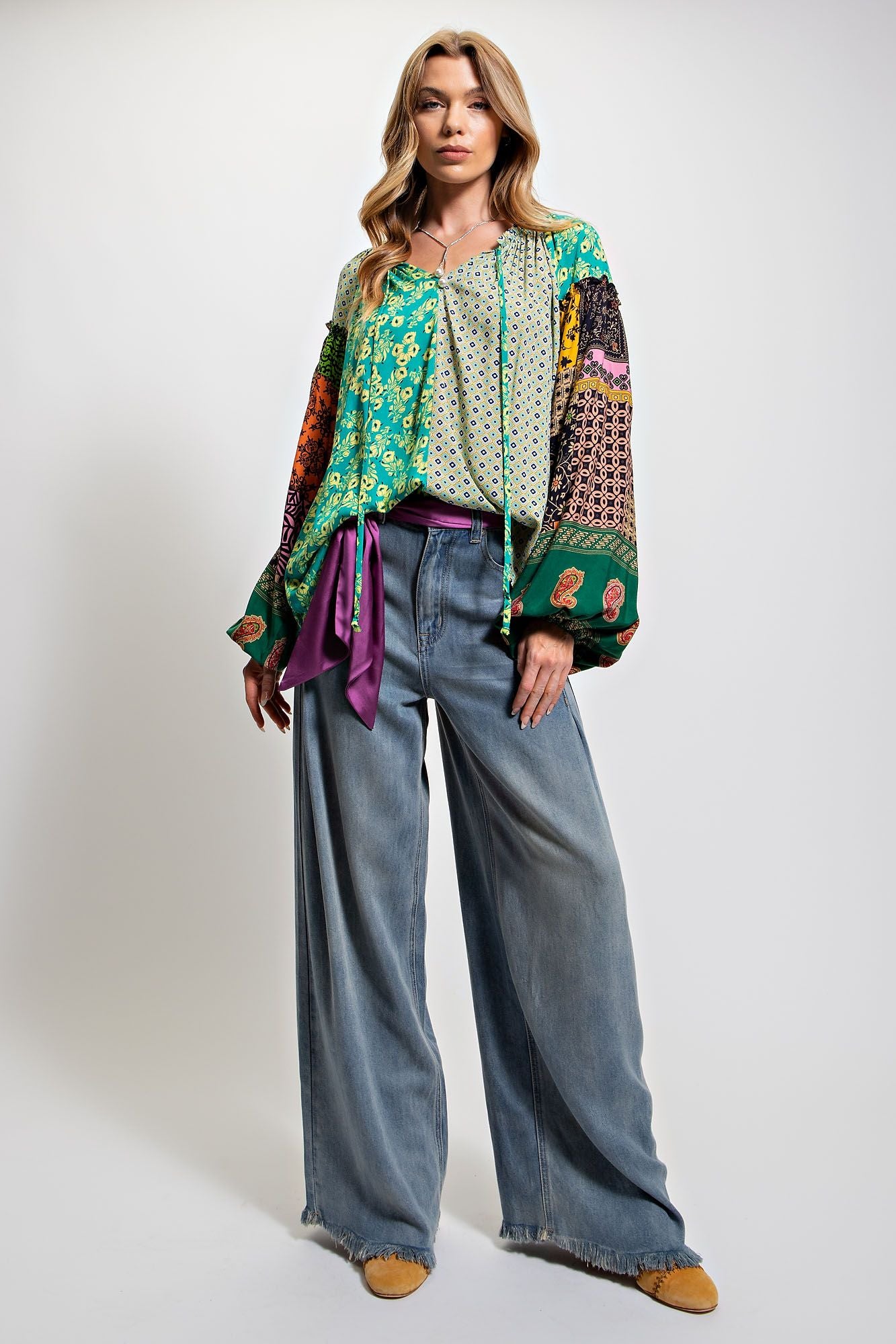 Multi Pattern Boho Blouse Green