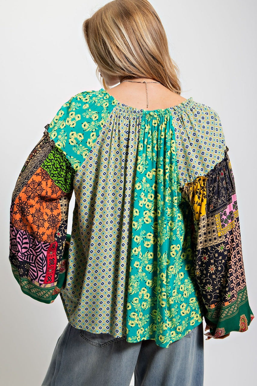 Multi Pattern Boho Blouse Green