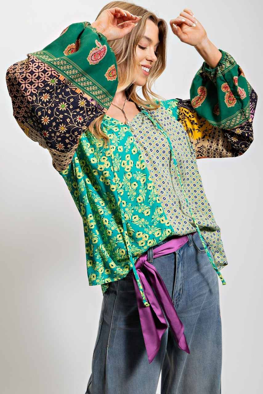 Multi Pattern Boho Blouse Green