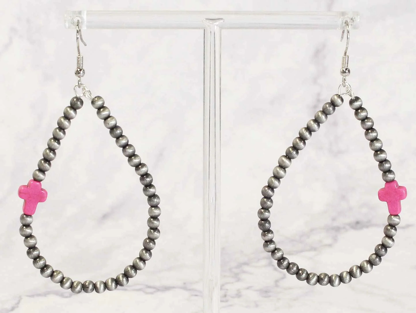 Navajo Pearl Pink Cross Hoops