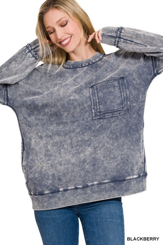 Acid Wash Pocket Crew Neck