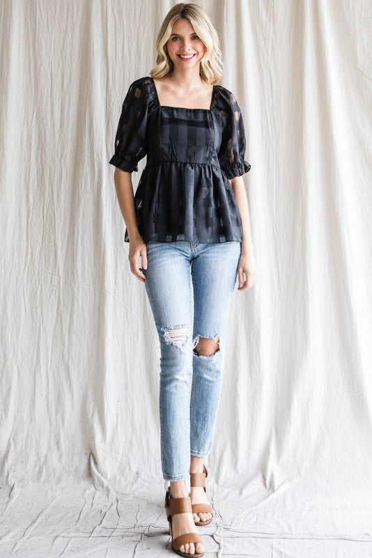 Black Check Peplum Top