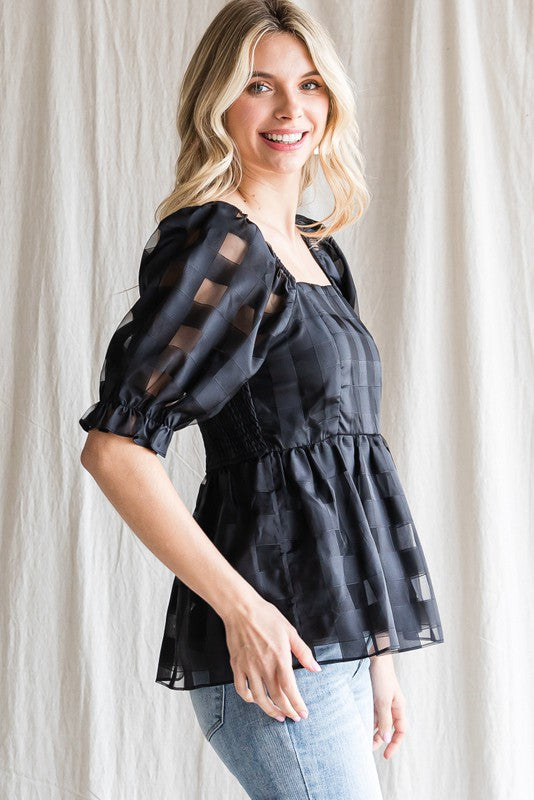 Black Check Peplum Top