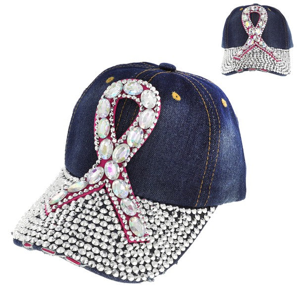 Beaded Pink Ribbon Denim Hat