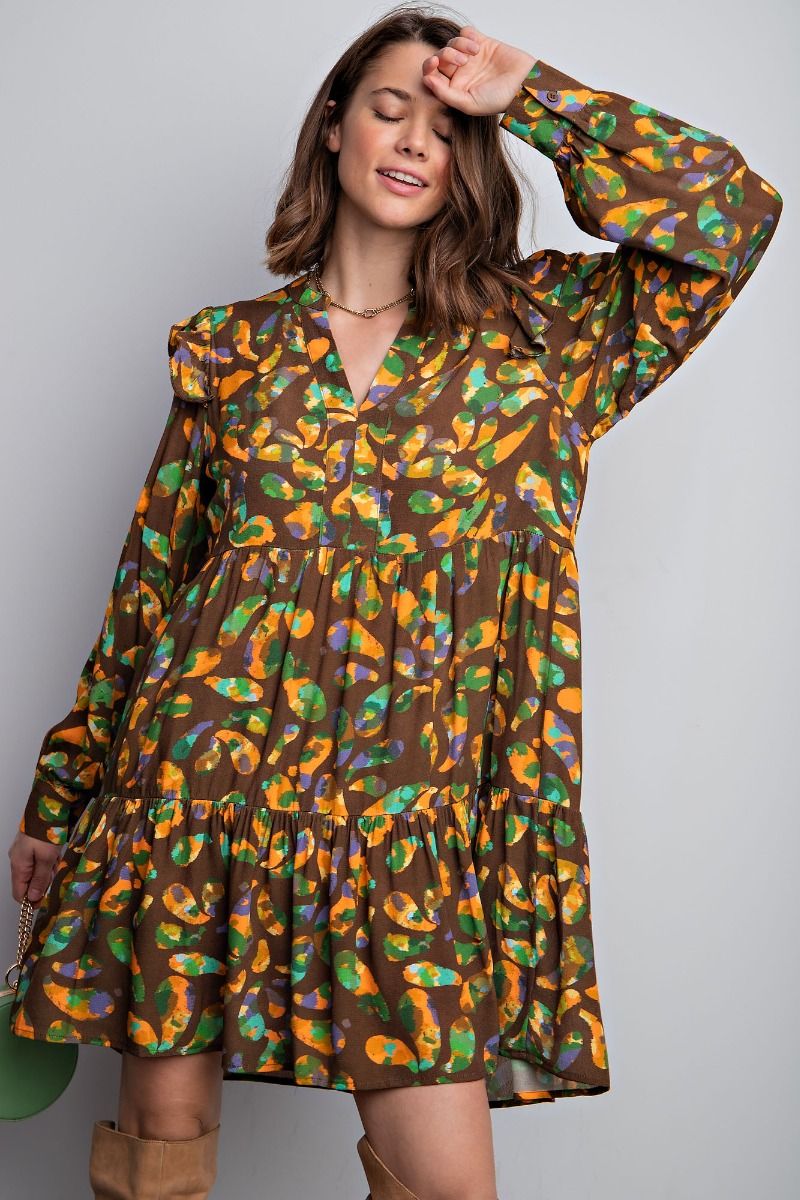 Brown Floral Tiered Dress