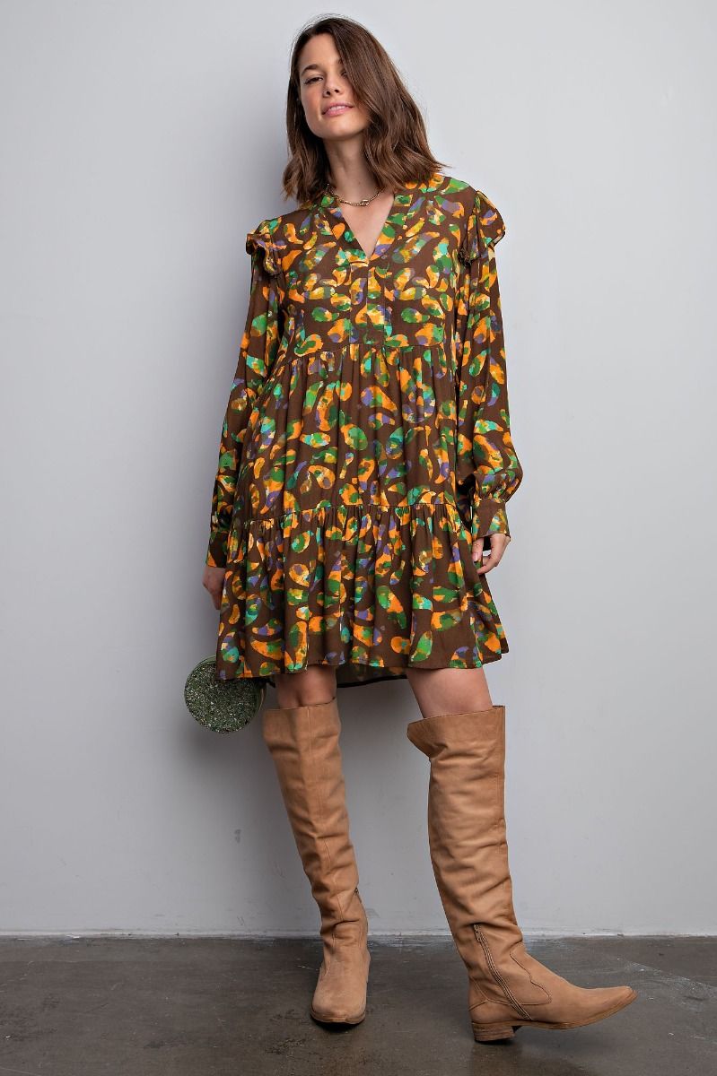Brown Floral Tiered Dress