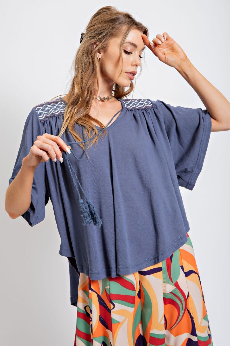 Denim Embroidered Top