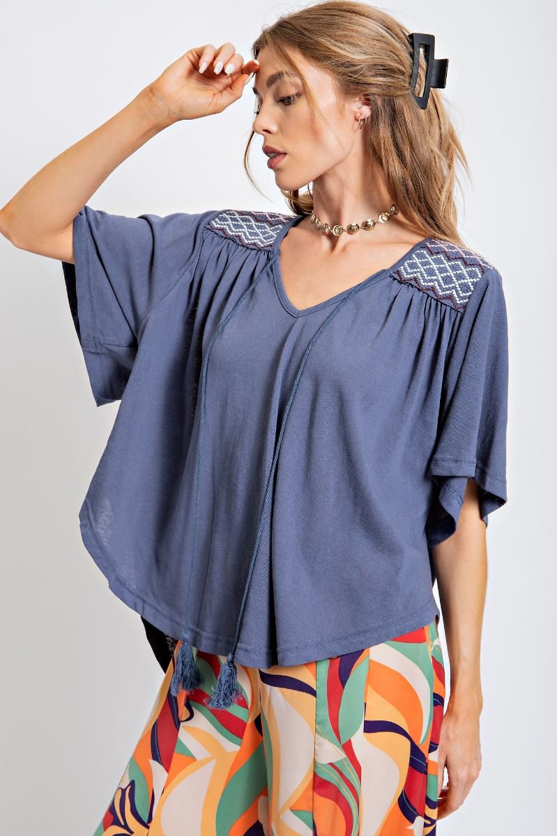 Denim Embroidered Top