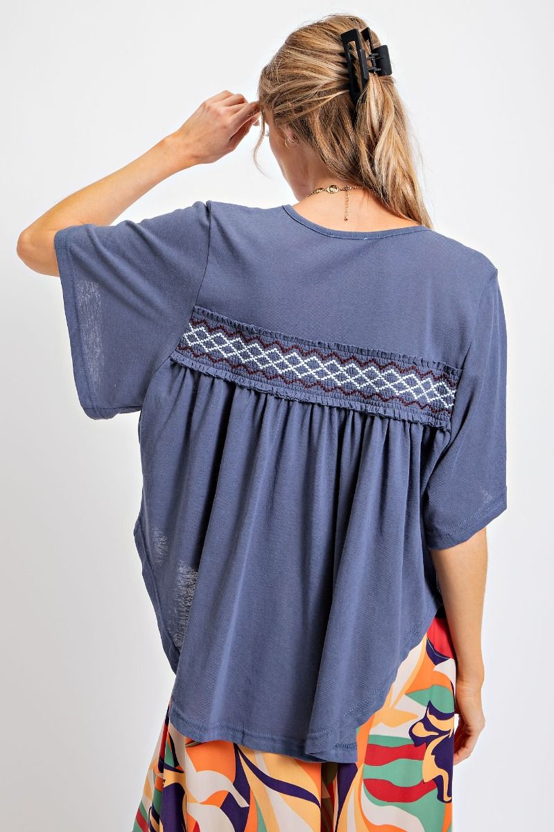 Denim Embroidered Top