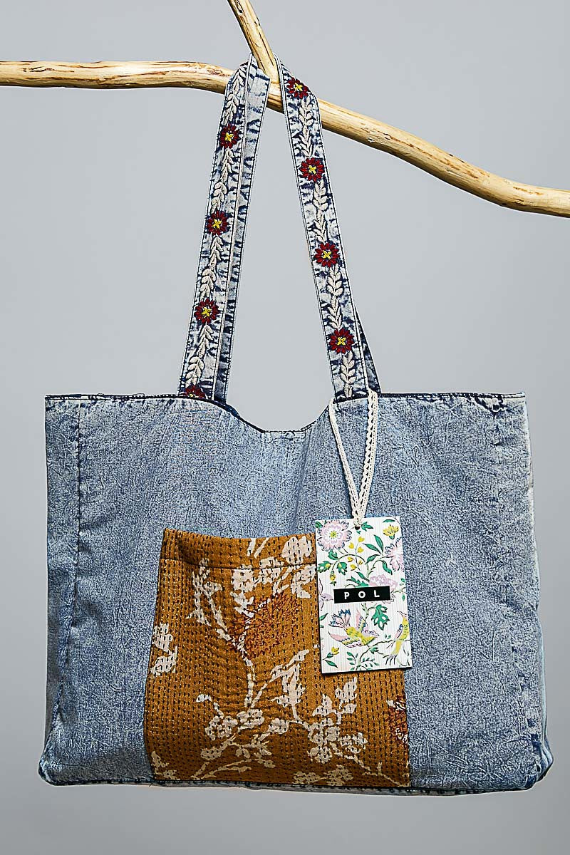 Denim floral tote