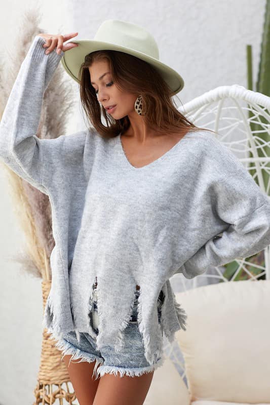 Distressed V-Neck Sweater