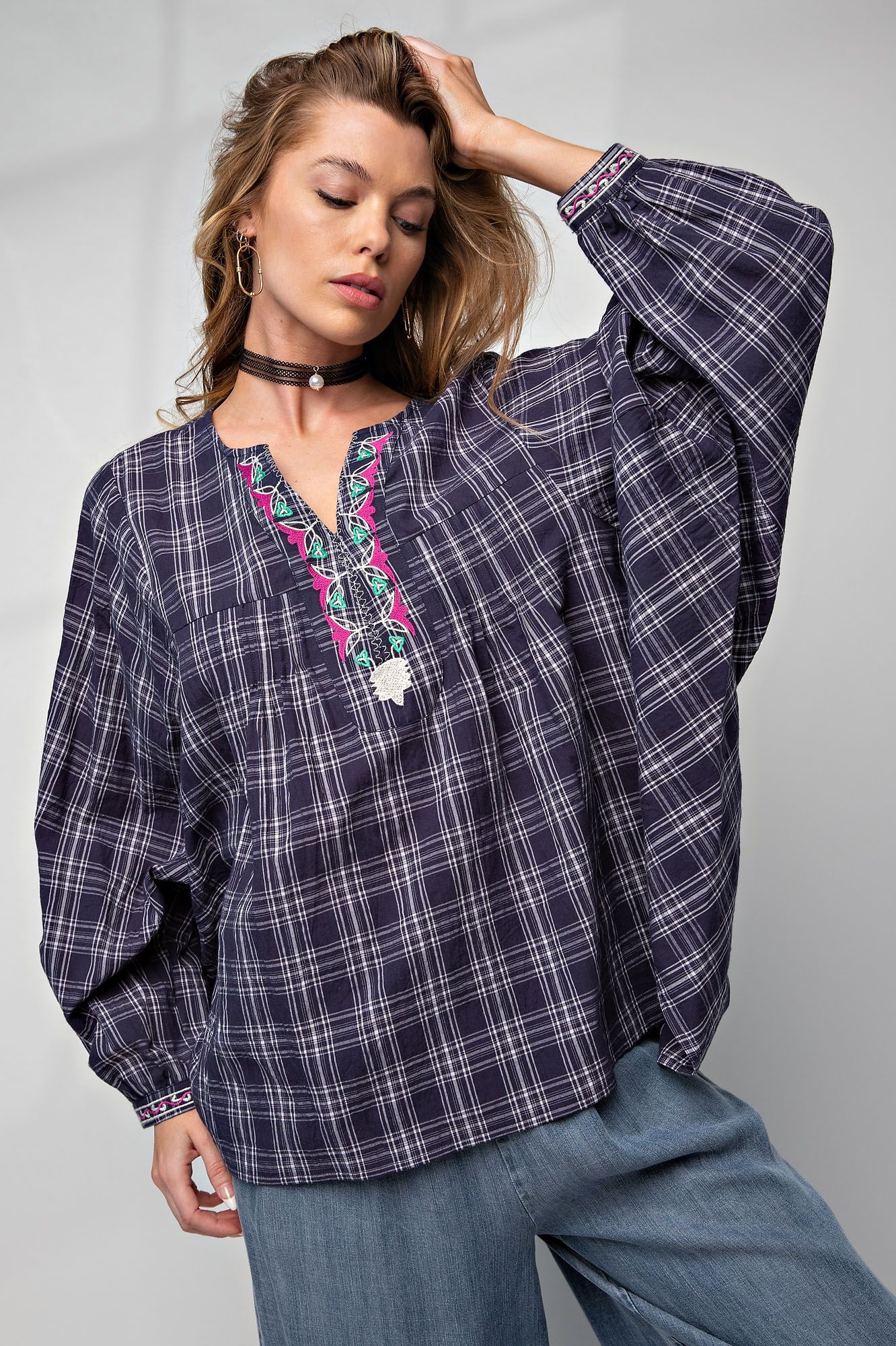 Plaid Batwin Top