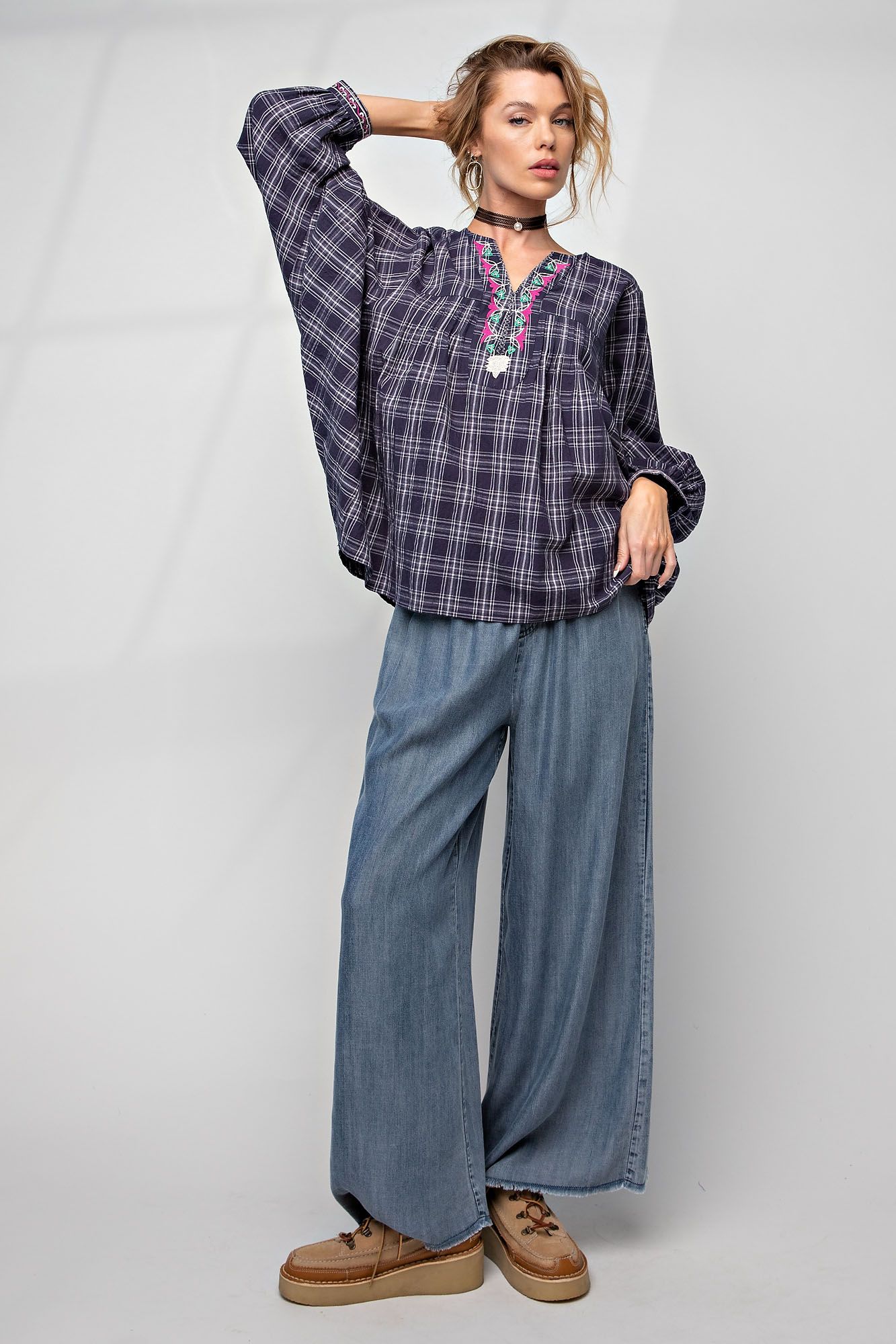 Plaid Batwin Top