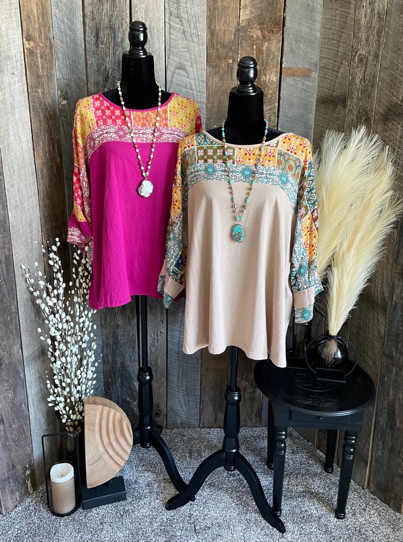 Patchwork accent top Fuchsia
