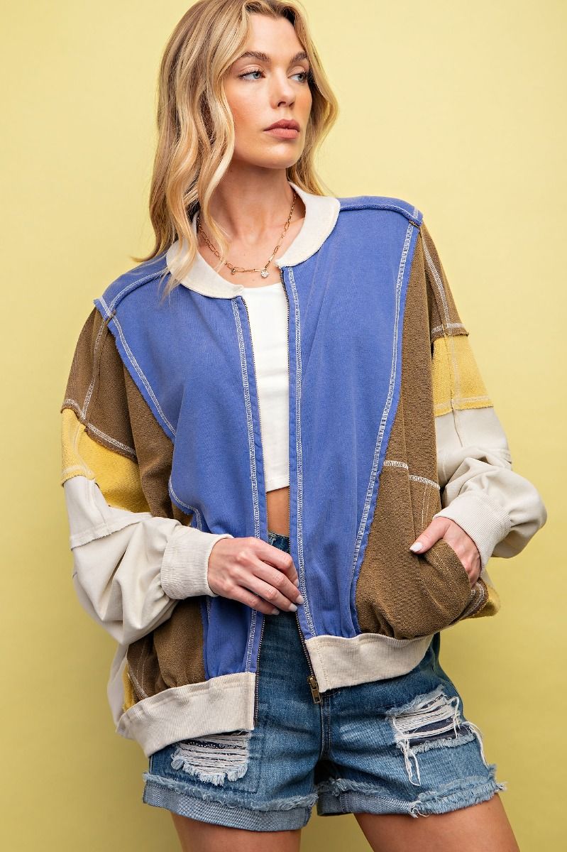 Mixed Fabric Zip-up Sweatshirt