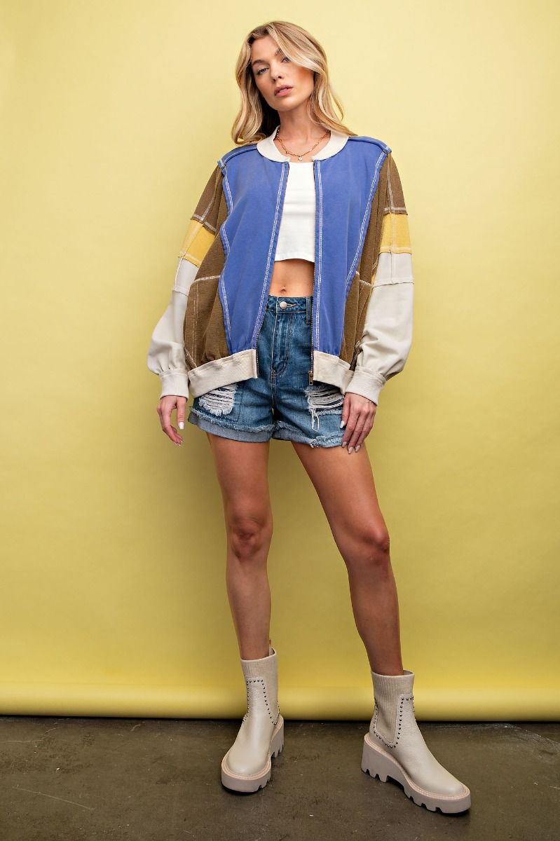 Mixed Fabric Zip-up Sweatshirt