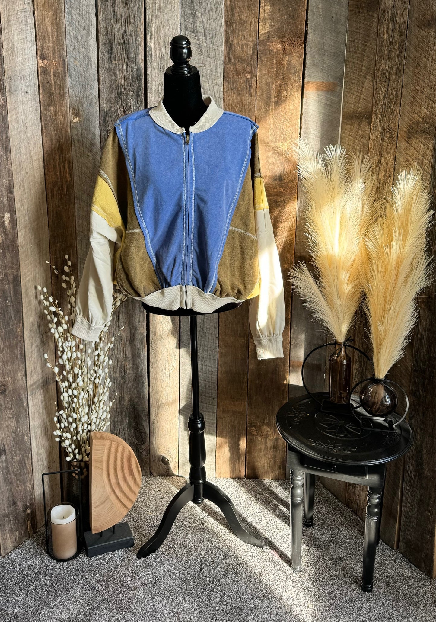 Mixed Fabric Zip-up Sweatshirt