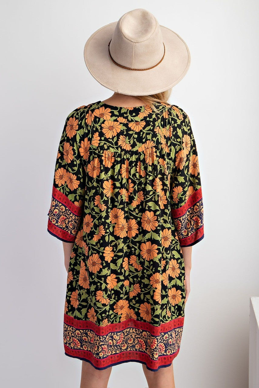 Floral Bordered Dress Black