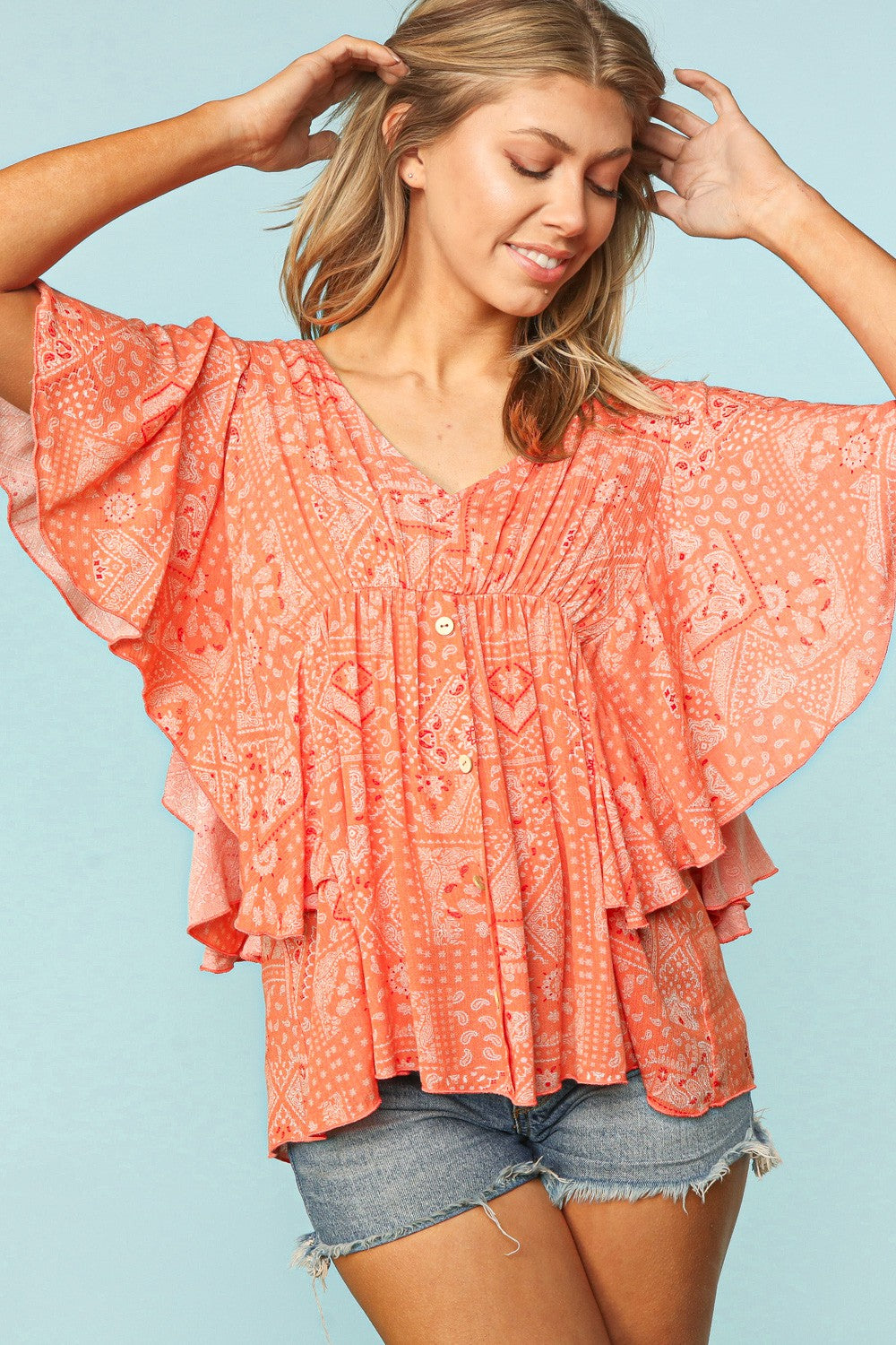 Peach Bandana Ruffled top with cinched waist plus size