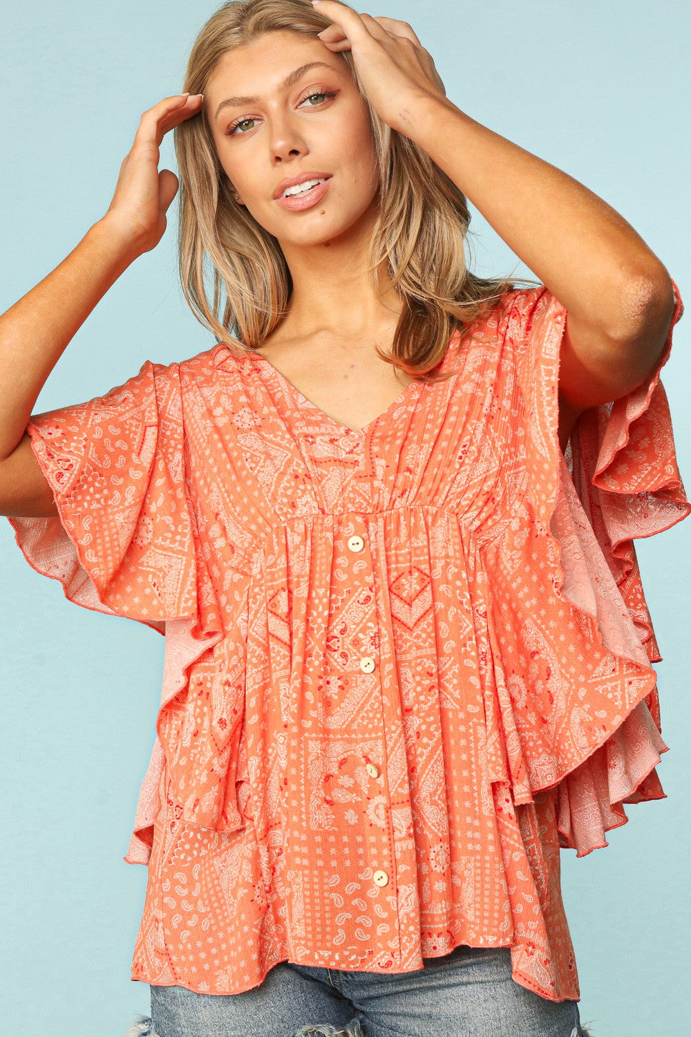 Peach Bandana Ruffled top with cinched waist plus size