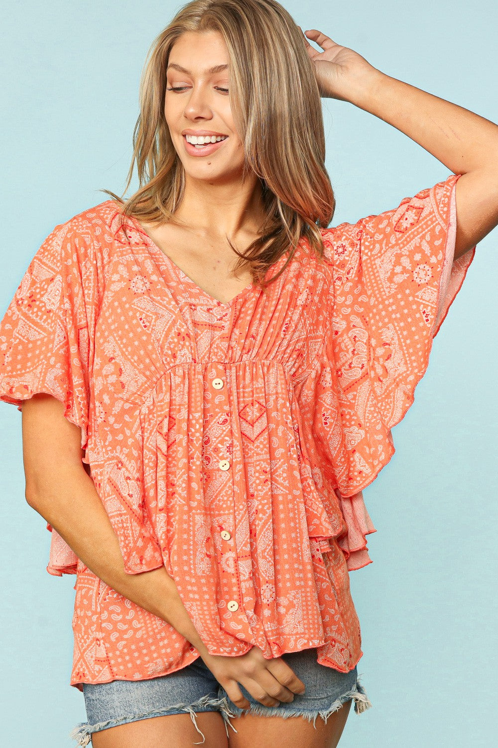 Peach Bandana Ruffled top with cinched waist plus size