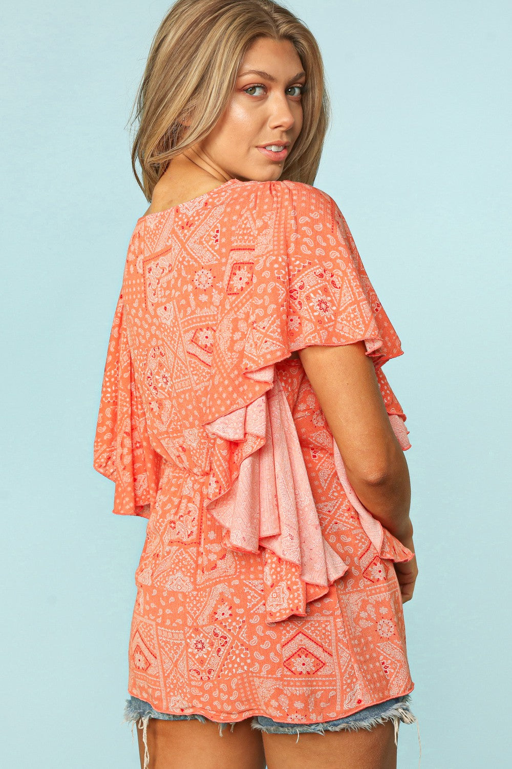 Peach Bandana Ruffled top with cinched waist plus size