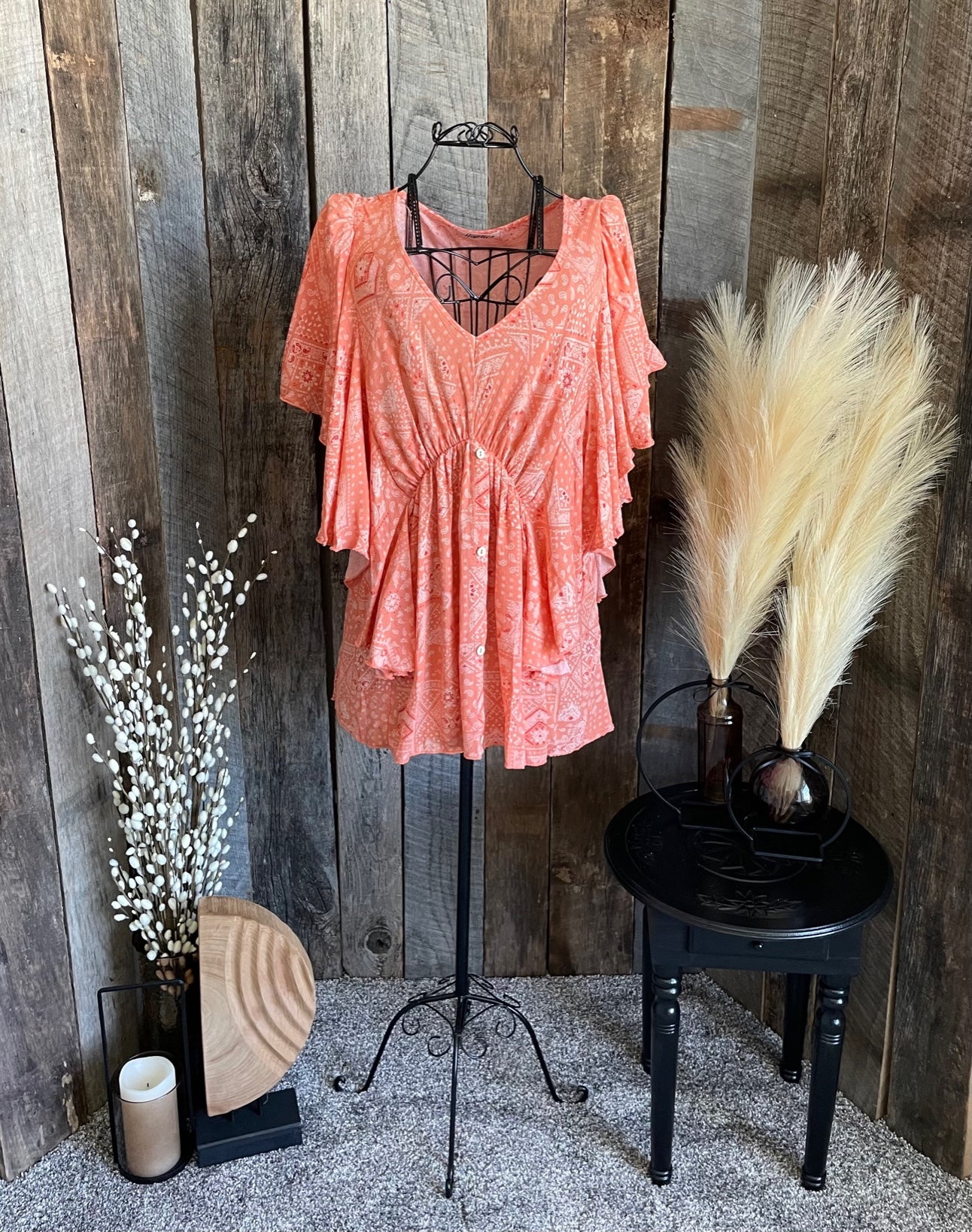 Peach Bandana Ruffled top with cinched waist plus size