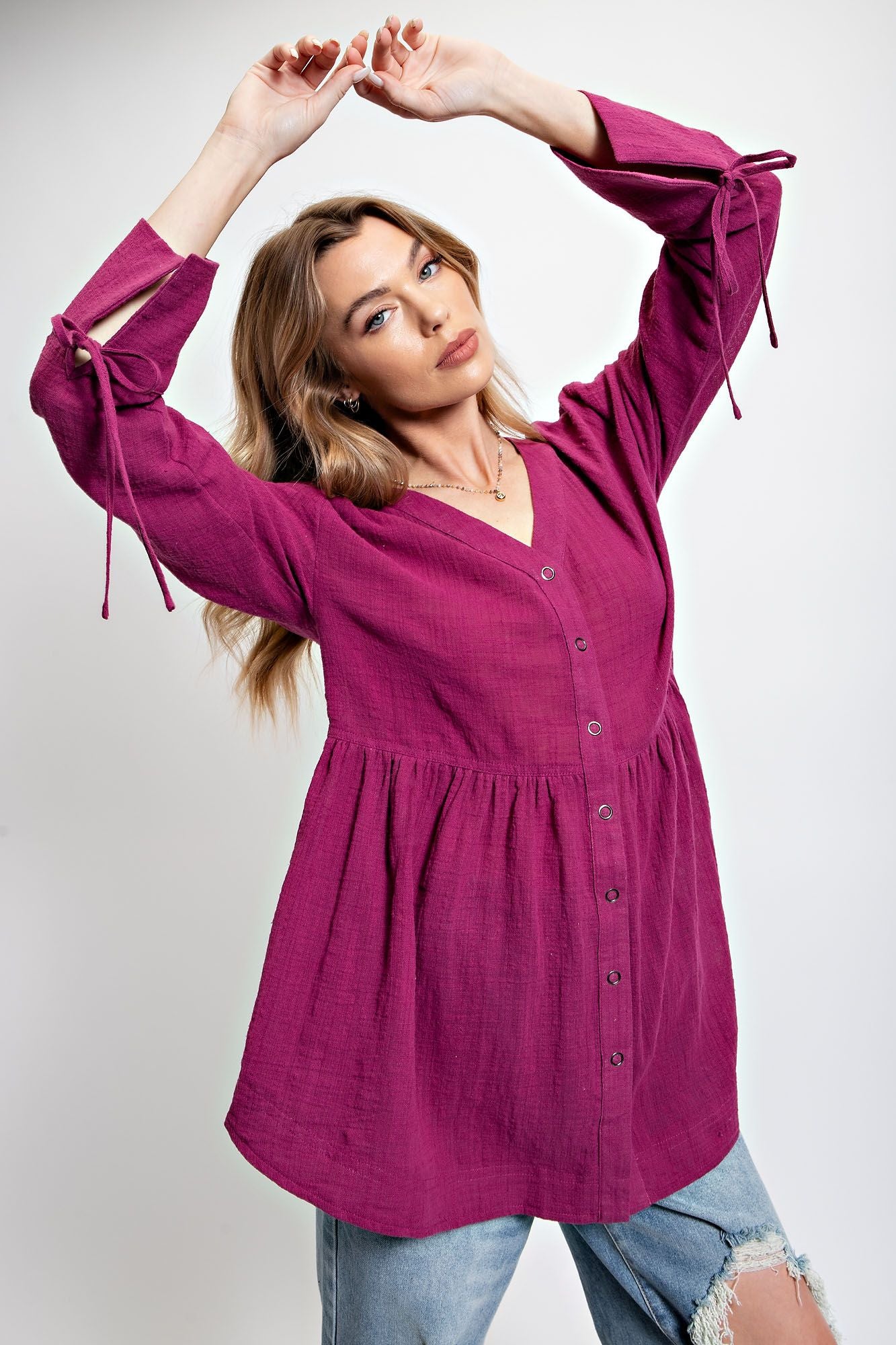 Tie Cuff Peplum Top Plum