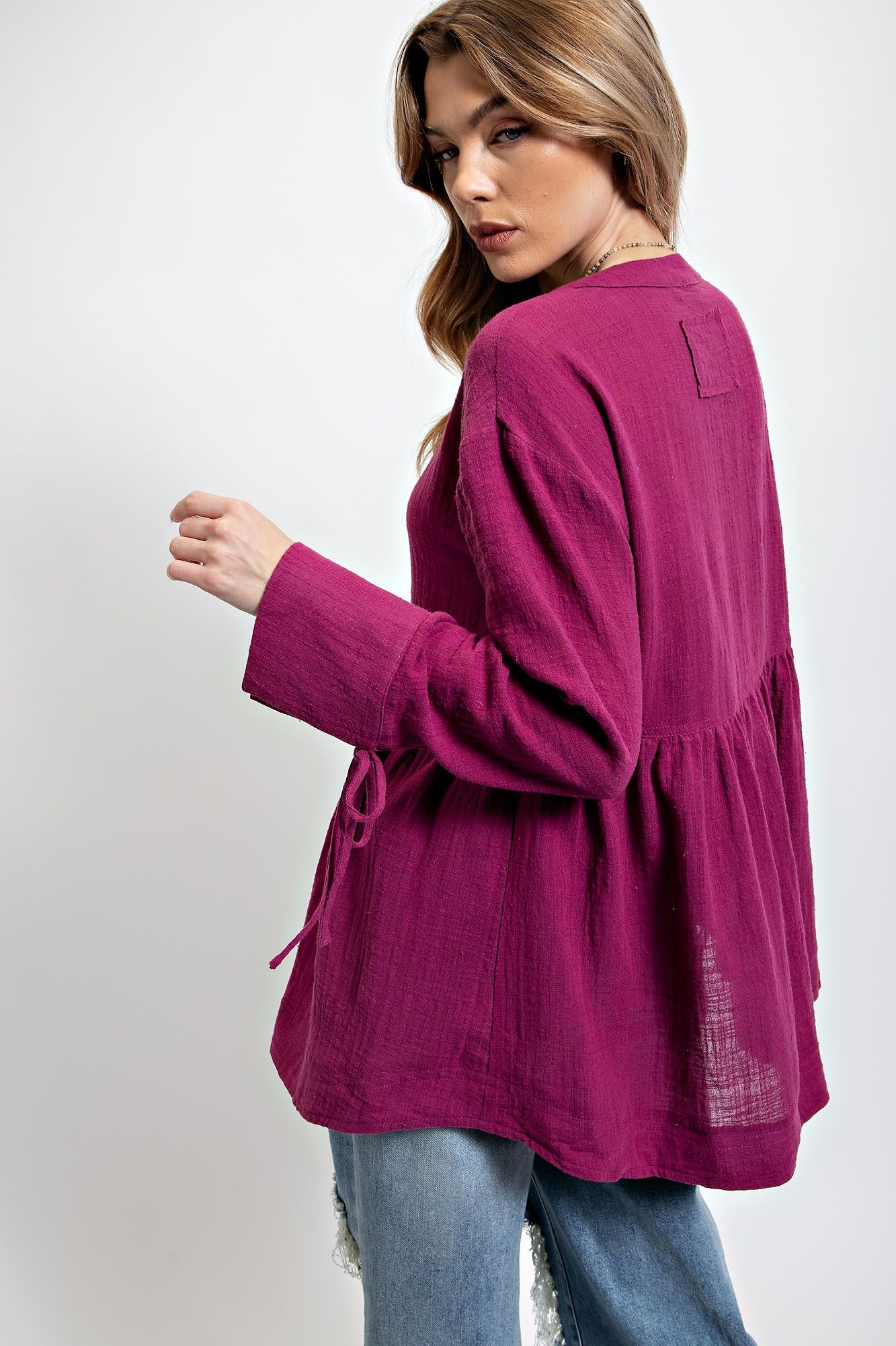 Tie Cuff Peplum Top Plum