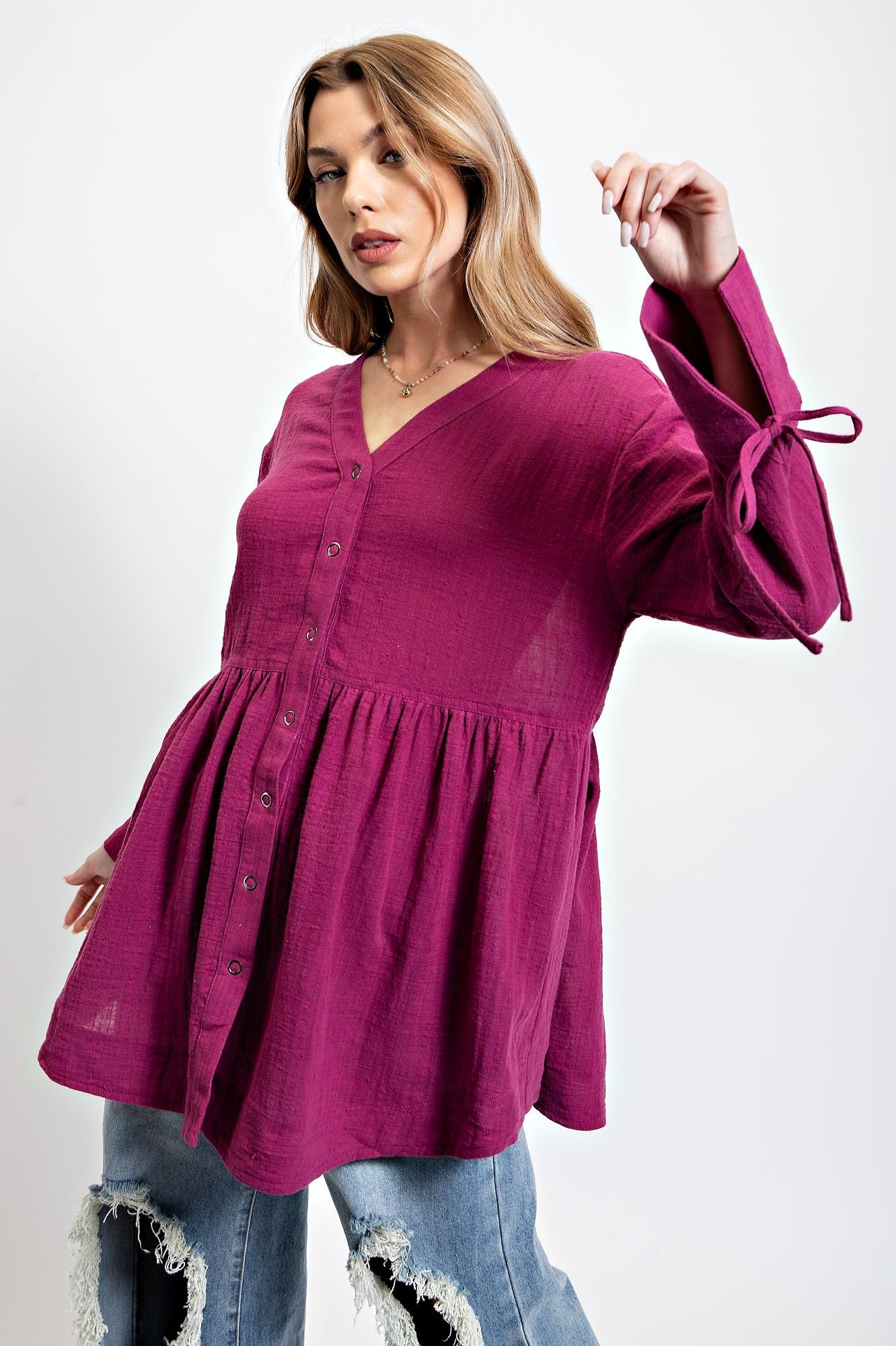 Tie Cuff Peplum Top Plum