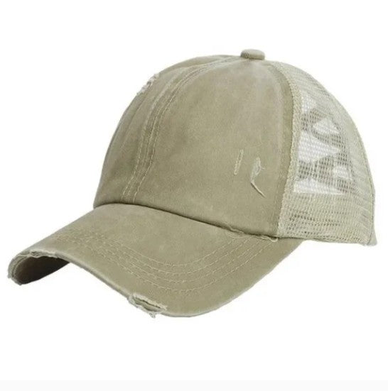 Distressed Khaki Ponytail Hat