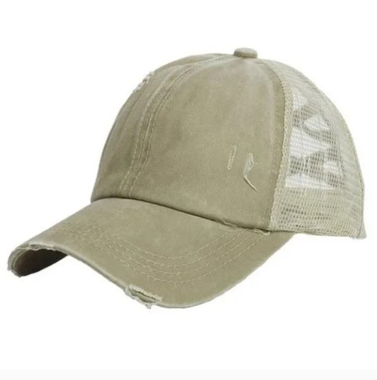 Distressed Khaki Ponytail Hat