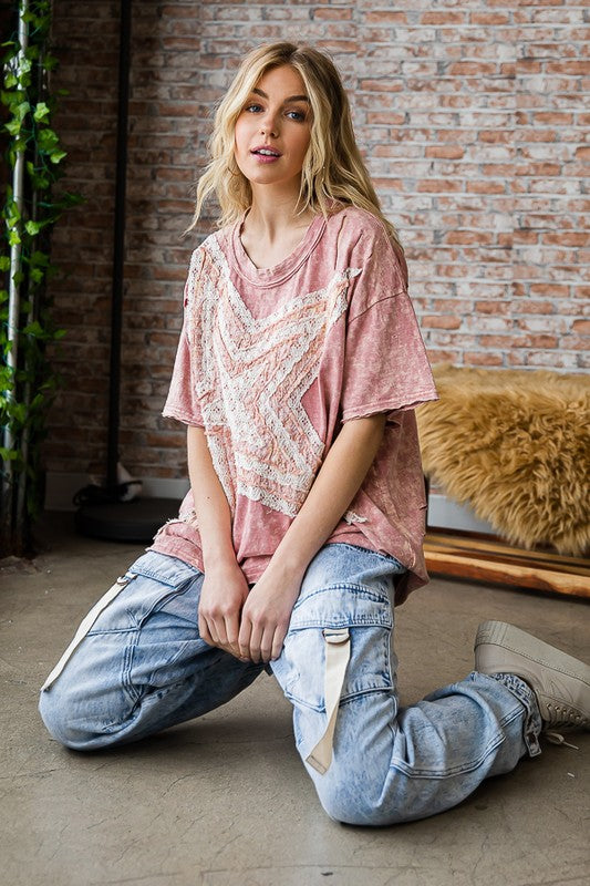 Rose mineral washed distressed star tee