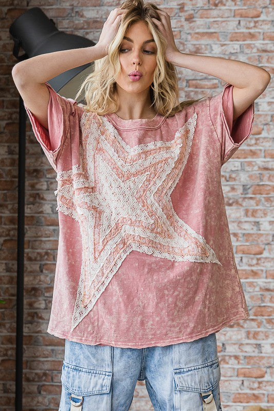 Rose mineral washed distressed star tee