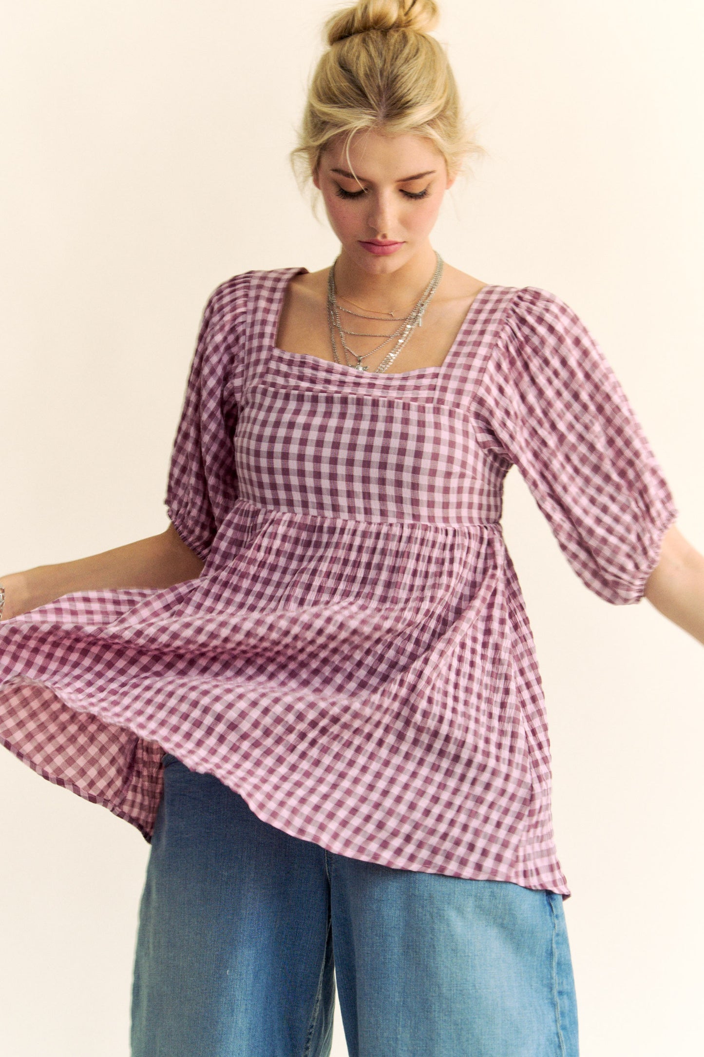 Pink Gingham Peplum Top