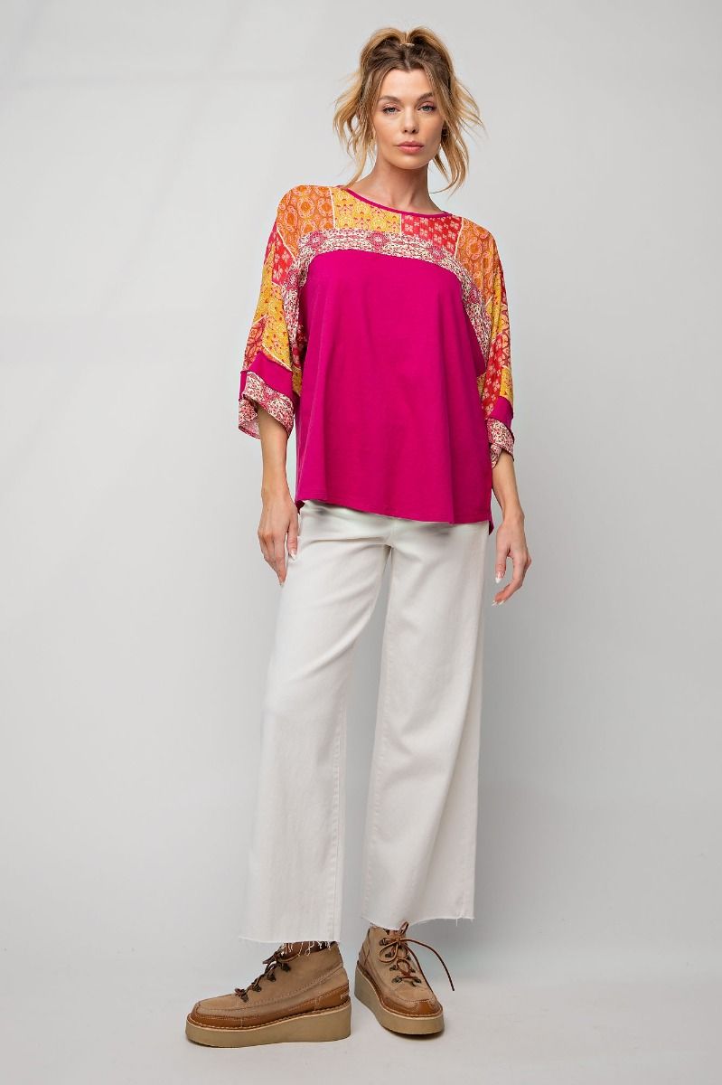 Patchwork accent top Fuchsia
