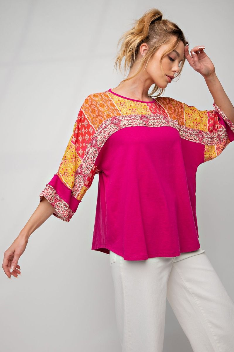 Patchwork accent top Fuchsia
