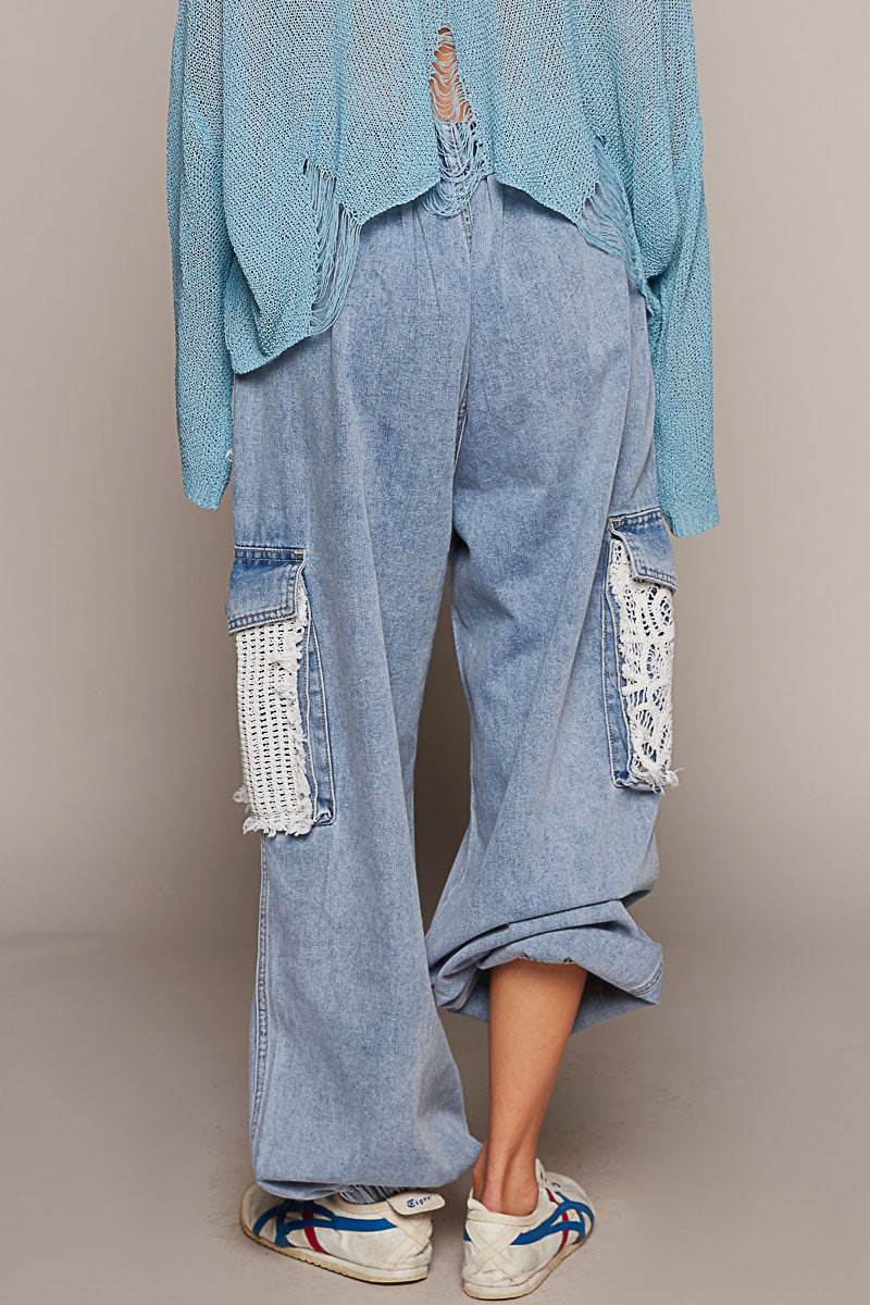 Denim and Lace Jogger Pants