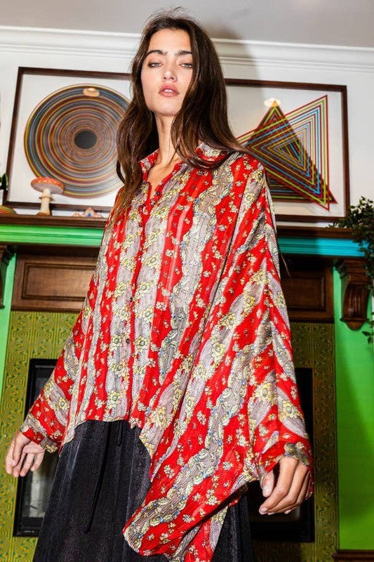 Red Floral Batwing Top