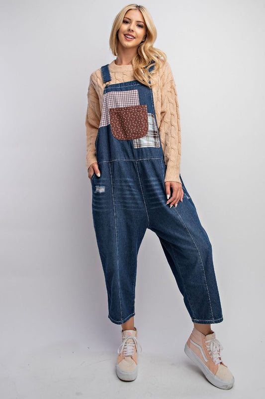 Oversized Denim Overalls with Flannel patches