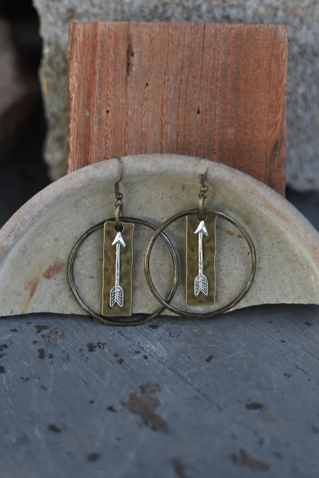 Antiqued gold hoop earrings with hammered bar and silver arrow