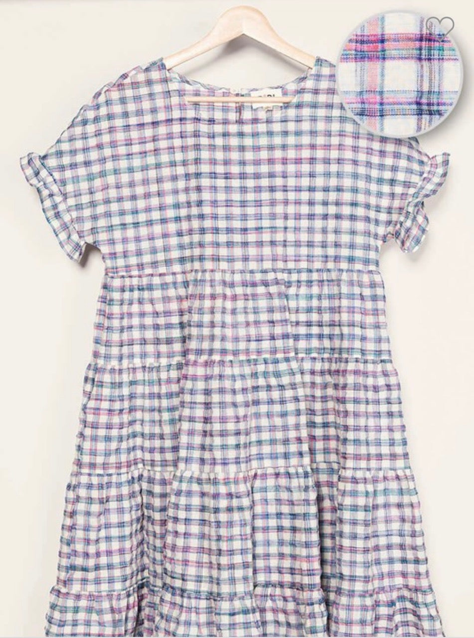 Navy and pink plaid tiered dress