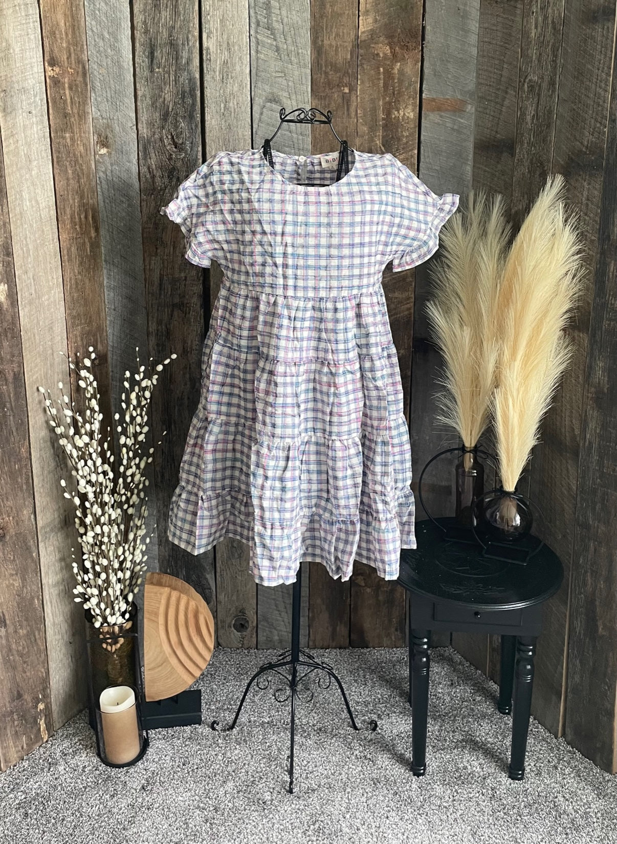 Navy and pink plaid tiered dress