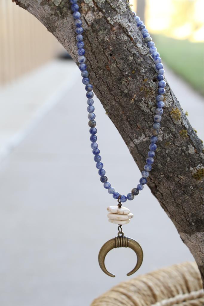 Blue Jasper Necklace with antiqued crescent and bone accent