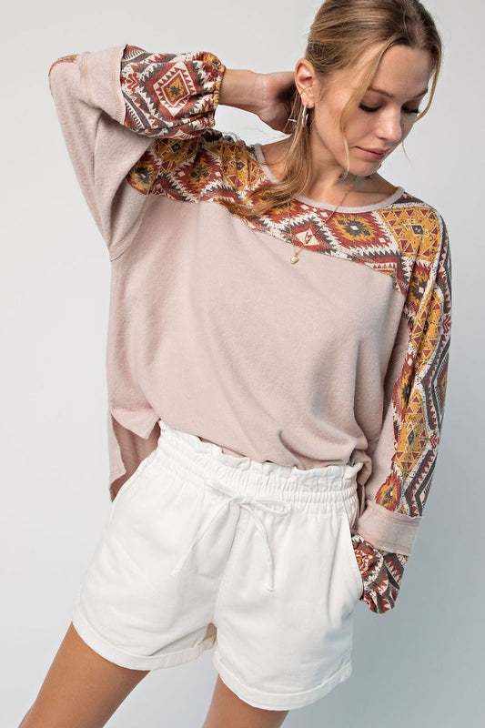 Top brushed fleece top with aztec detail