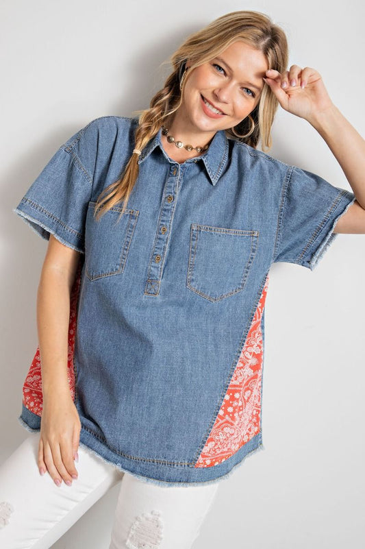 Denim top with bandana accent