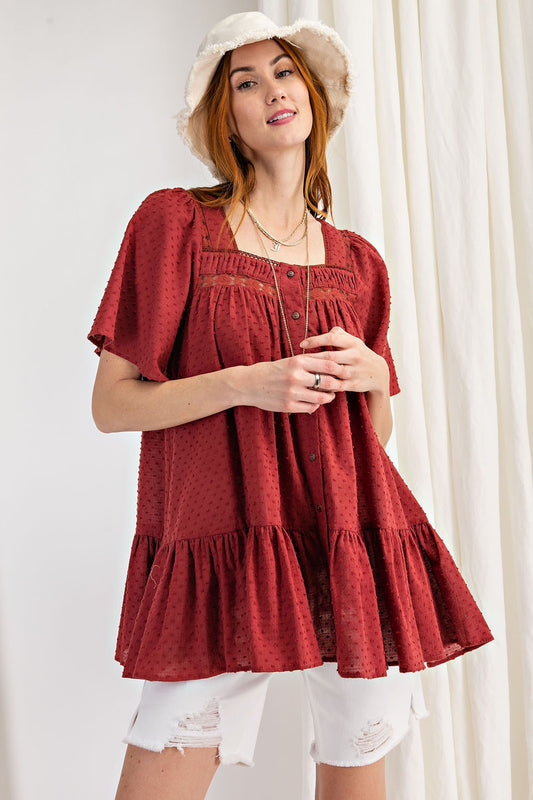 Garnet swiss dot cotton and lace top