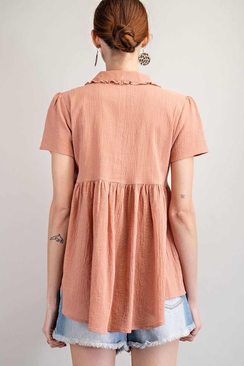 Peach cotton button down baby doll top with lace details