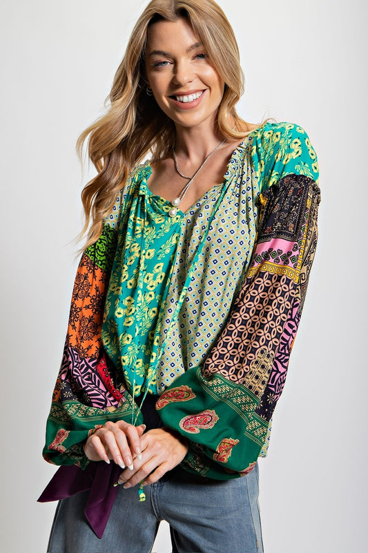 Multi Pattern Boho Blouse Green