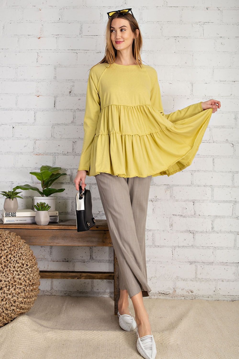 Yellow/Green tiered ruffled long sleeve shirt